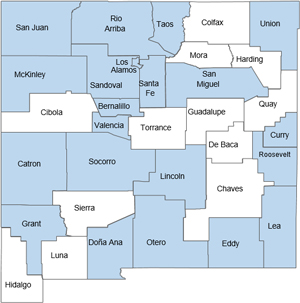 Map of New Mexico showing the areas of the state which the older adult falls prevention program has expanded to.